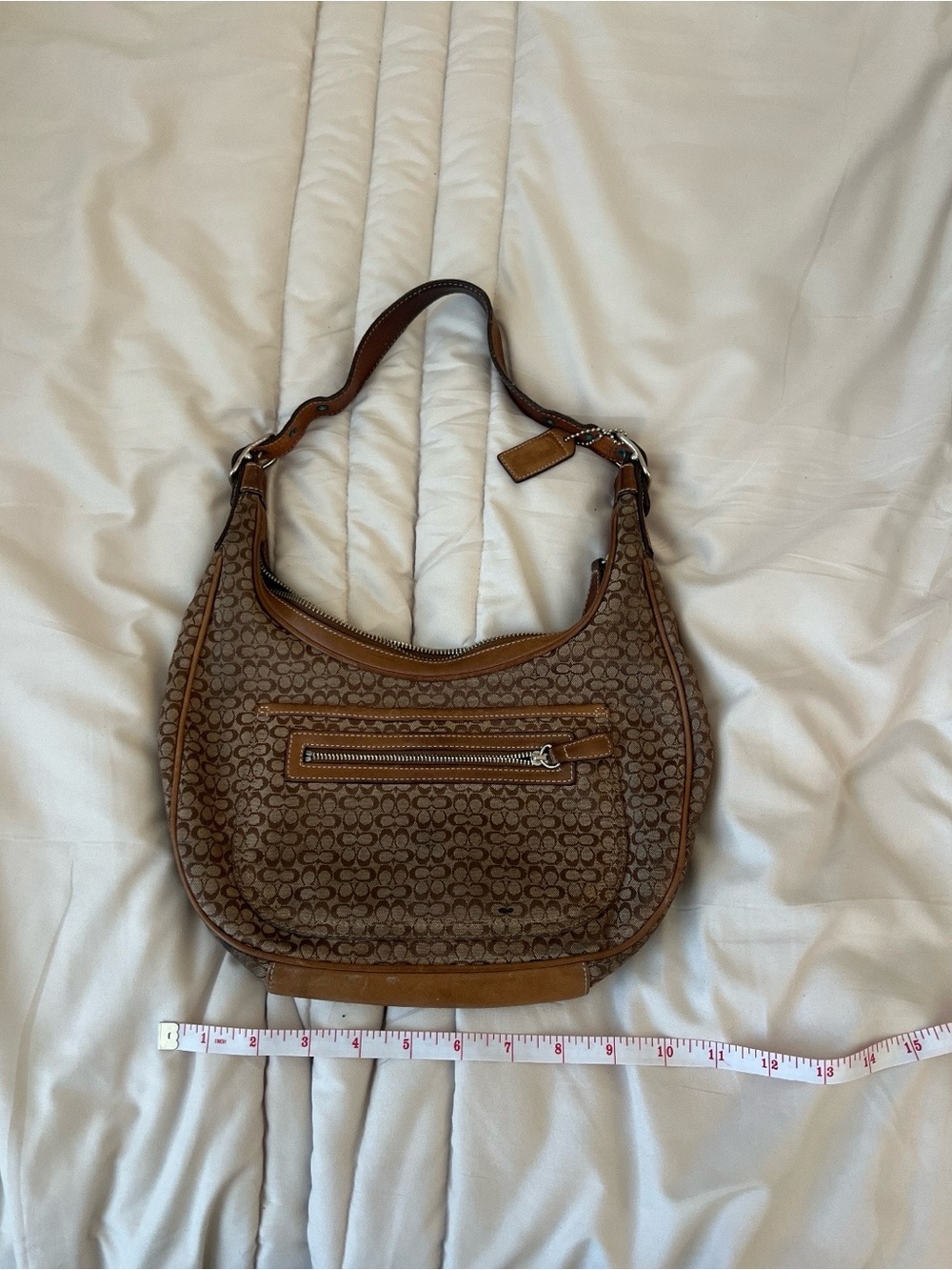 Coach Brown Signature Jacquard Shoulder Hobo with Tan Trim
